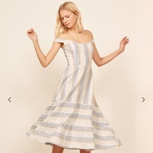Reformation “kate” linen sundress in blue stripe.